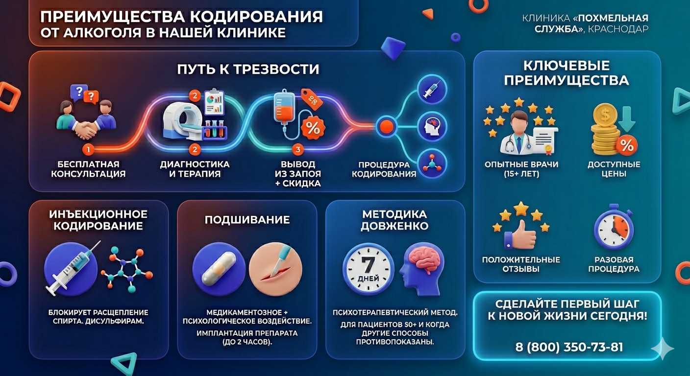 Инфографика о методах кодирования от алкоголя в Таврическом: инъекции, подшивание, метод Довженко. Преимущества клиники и этапы лечения.