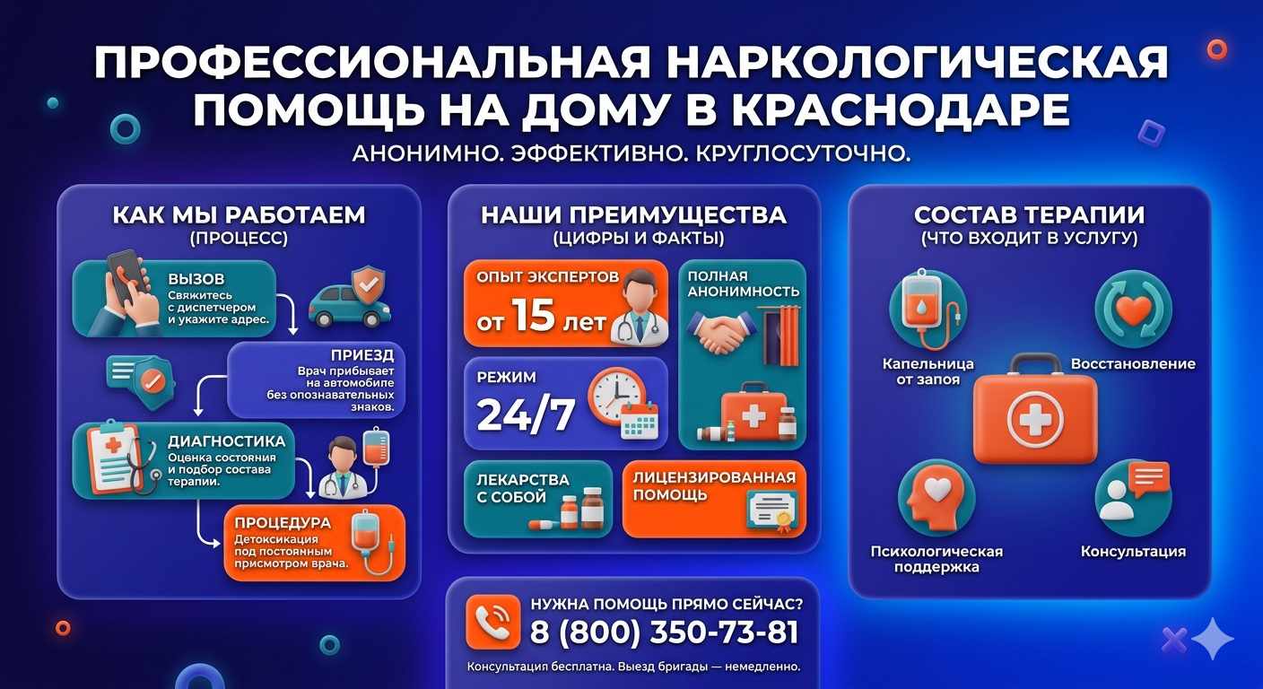 Инфографика о принципах лечения алкоголизма на дому в Таврическом: этапы вызова нарколога, преимущества анонимной детоксикации и состав медицинской помощи.